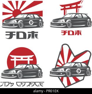 Classic 90s japanese car logo, emblems and badges isolated on white background. 'JDM' and 'JDM garage' text on the image. Stock Vector