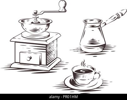 Coffee set with manual coffee grinder, coffee maker press and cup of coffee. Vector illustration. Stock Vector