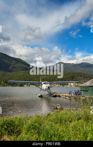 WHISTLER, BC, CANADA - JUNE 2018: Wide angle view of  a Whistler Air Turbine Otter at the seaplane terminal in Whistler. Stock Photo