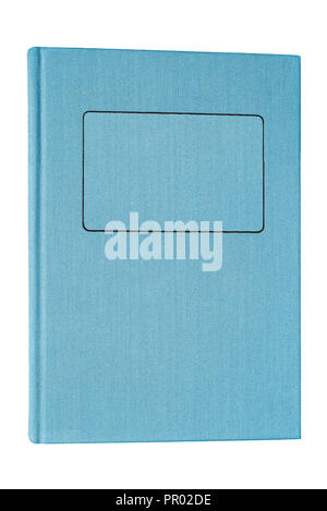 Blue book with black frame on front isolated on white background. Fabric cover. Stock Photo