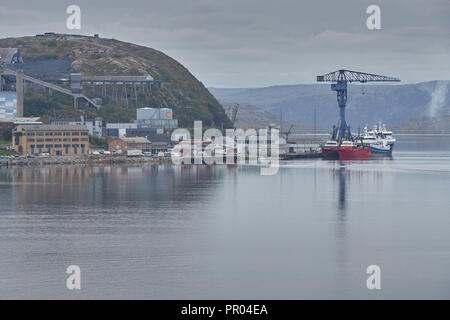 Fleet Of Russian Fishing Trawlers Moored At The Docks In Kirkenes, Finnmark County, Norway. Stock Photo