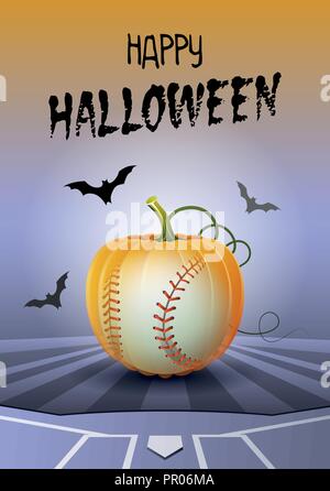 Happy Halloween. Sports greeting card. Realistic baseball ball in the shape of a Pumpkin. Vector illustration. Stock Vector