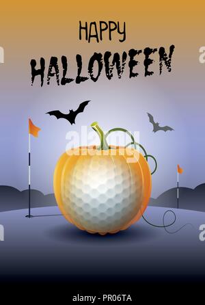 Happy Halloween. Sports greeting card. Realistic golf ball in the shape of a Pumpkin. Vector illustration. Stock Vector