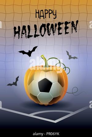 Happy Halloween. Sports greeting card. Realistic soccer ball in the shape of a Pumpkin. Vector illustration. Stock Vector