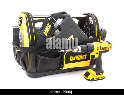 SWINDON, UK - JULY 31, 2018: DeWalt Tool Bag and cordless power tools on a white background Stock Photo