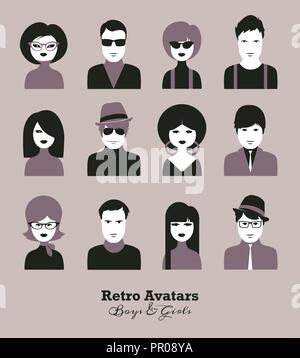Vector avatar icon set of boys&girls sixties style Stock Vector
