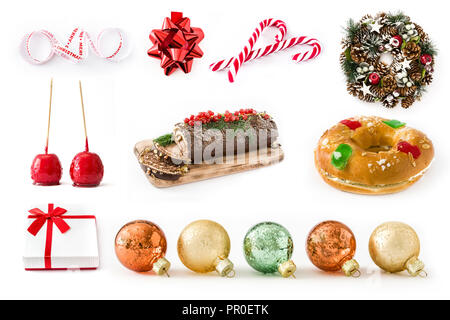 Christmas collage:Christmas food and Christmas ornaments. Stock Photo