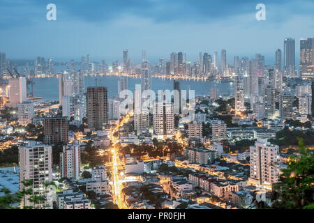 Skyline of downtown Cartagena city showing modern apartment blocks in the Bocagrande neighbourhood, Cartagena, Colombia, South America Stock Photo