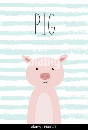 Cute cartoon pig illustration. Poster, card for kids. Vector illustration. Stock Vector