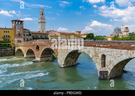Ponte Pietra, the stone Roman arch bridge crossing River Adige, Verona, Veneto, Italy, Europe Stock Photo