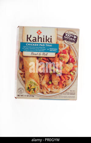 Frozen meal box of Kahiki brand chicken pad thai with a vegetable egg roll on white Stock Photo