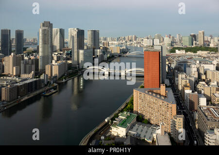 View over Sumida River with Kachidoki and Tsukiji-ohashi Bridges, Tokyo, Japan, Asia Stock Photo