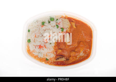 Microwaved zLean Cuisine ready to eat cooked freezer meal of chicken tikka masala with rice in tray Stock Photo