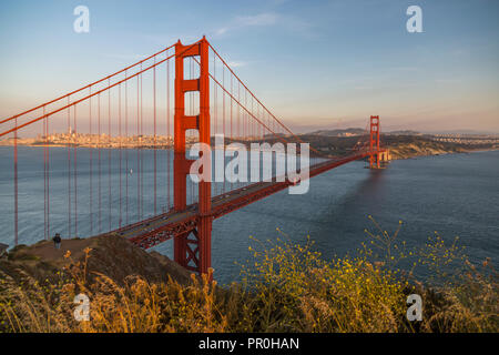 View of Golden Gate Bridge from Golden Gate Bridge Vista Point at sunset, San Francisco, California, United States of America, North America Stock Photo