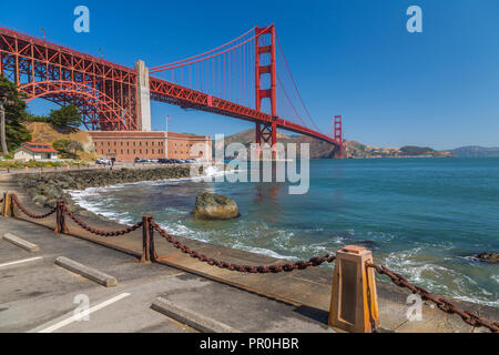 View of Golden Gate Bridge and Fort Point from Marine Drive, San Francisco, California, United States of America, North America Stock Photo