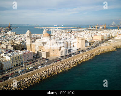 Aerial view of Cadiz Cathedral, by drone, Cadiz, Andalucia, Spain, Europe Stock Photo