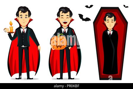 Happy Halloween. Vampire cartoon character wearing black and red cape. Set of three poses, holding burning candle, holding pumpkin and sleeping in cof Stock Vector