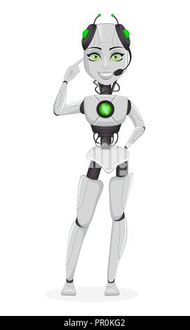 Robot with artificial intelligence, female bot. Cute cartoon character pointing on her head. Humanoid cybernetic organism. Future concept. Vector Illu Stock Vector