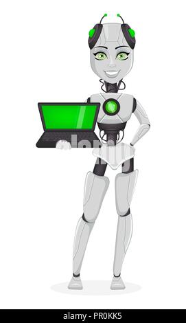 Robot with artificial intelligence, female bot. Cute cartoon character holding powerful laptop. Humanoid cybernetic organism. Future concept. Vector I Stock Vector