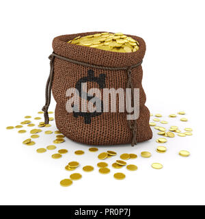 3d bag with gold coins on white background Stock Photo