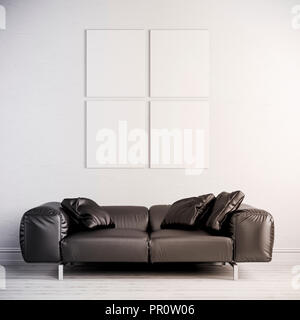 3d interior render  with leather couch and blank frame on white wall Stock Photo