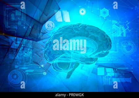 3d human brain on abstract tech background Stock Photo