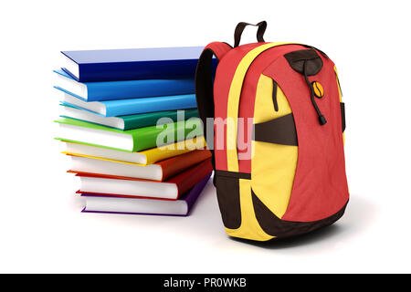 3d school backpack and books on white background Stock Photo