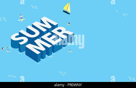 Summer banner vector illustration design with isometric background. Stock Vector