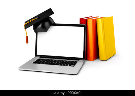 3d laptop and books on white background Stock Photo