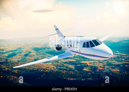 3d luxury private jet in the sky Stock Photo