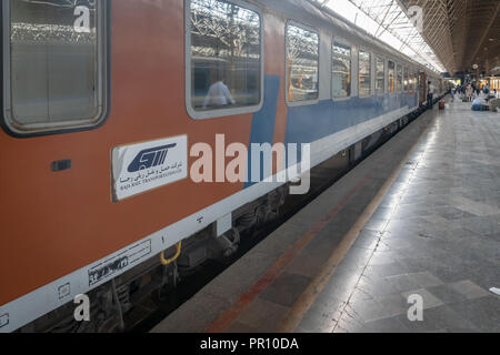 Shiraz, Iran - June 2018: Iranian train at Shiraz railway station platform in Iran. Shiraz is a popular tourist destination in Iran. Stock Photo