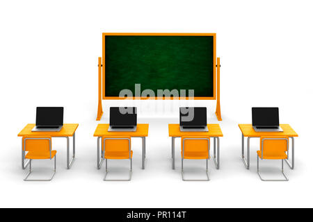 3d classroom with desks and laptops, on white background Stock Photo
