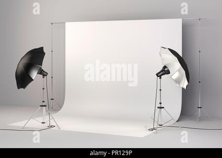 3d studio setup with lights and white background Stock Photo