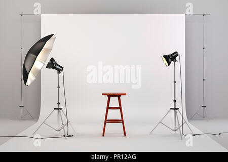 3d studio setup with lights, a wooden chair and white background Stock Photo