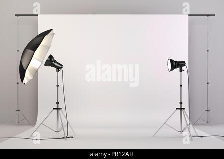 3d studio setup with lights and white background Stock Photo