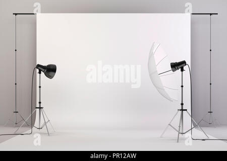3d studio setup with lights and white background Stock Photo