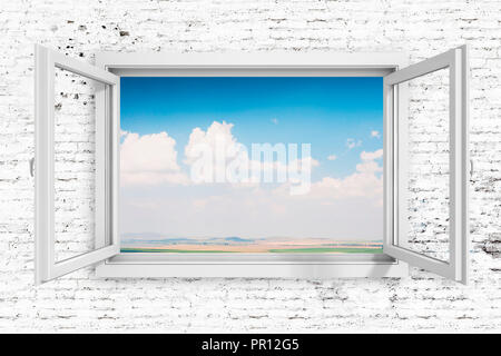3d window frame with beautiful blue sky background Stock Photo