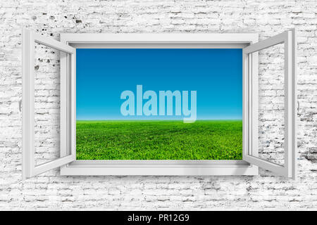 3d window frame with beautiful blue sky background Stock Photo