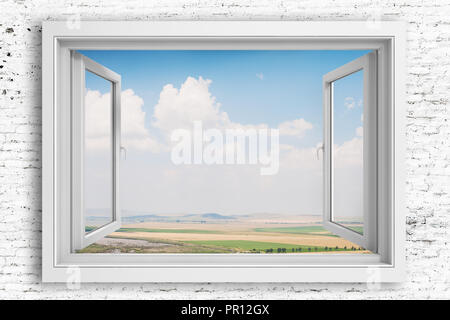3d window frame with beautiful blue sky background Stock Photo
