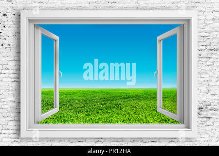 3d window frame with beautiful blue sky background Stock Photo