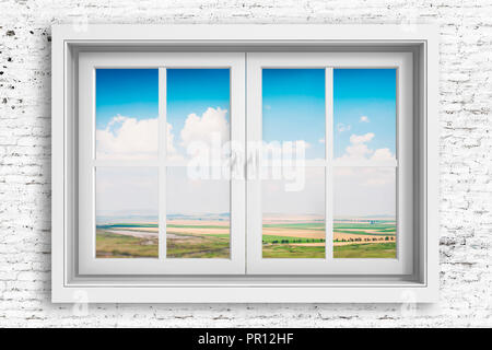 3d window frame with beautiful blue sky background Stock Photo