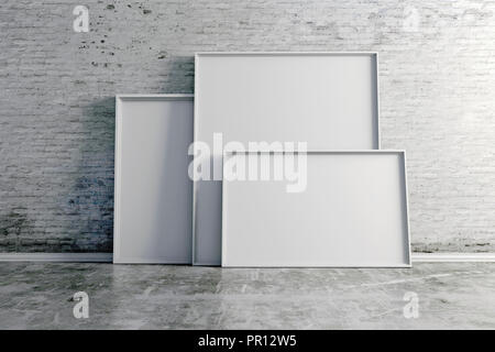 3d blank frames on white vintage brick wall Stock Photo
