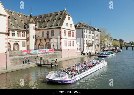 Excursion boat on Ill River, Historical Museum, Strasbourg, Alsace, France, Europe Stock Photo