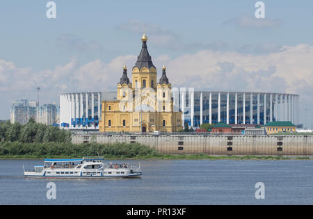 View of the Alexander Nevsky Cathedral and 2018 World Cup football stadium in Nizhny Novgorod across the Volga River, Russia, Europe Stock Photo