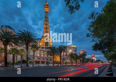 View of the Paris Eiffel Tower at dusk, The Strip, Las Vegas Boulevard, Las Vegas, Nevada, United States of America, North America Stock Photo