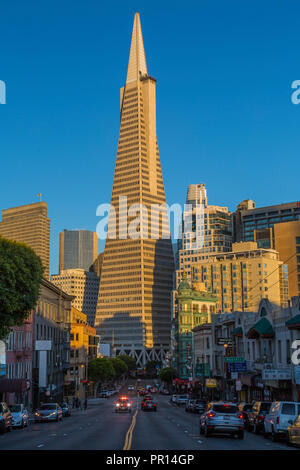 View of Transamerica Pyramid building on Columbus Avenue, North Beach, San Francisco, California, United States of America, North America Stock Photo