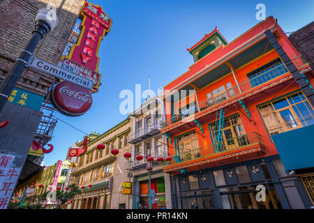 View of brightly coloured architecture in Chinatown, San Francisco, California, United States of America, North America Stock Photo