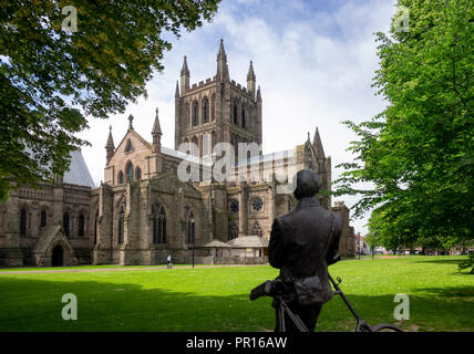 Cathedral from North East and statue of Sir Edward Elgar by Jemma Pearson, Hereford, Herefordshire, England, United Kingdom, Europe Stock Photo