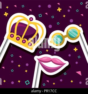 party mask night crown glasses and mouth sticks vector illustration Stock Vector