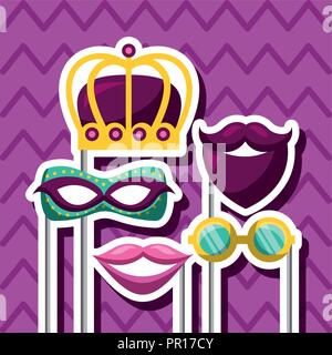 party mask night glasses moustache mouth crown king sticks vector illustration Stock Vector